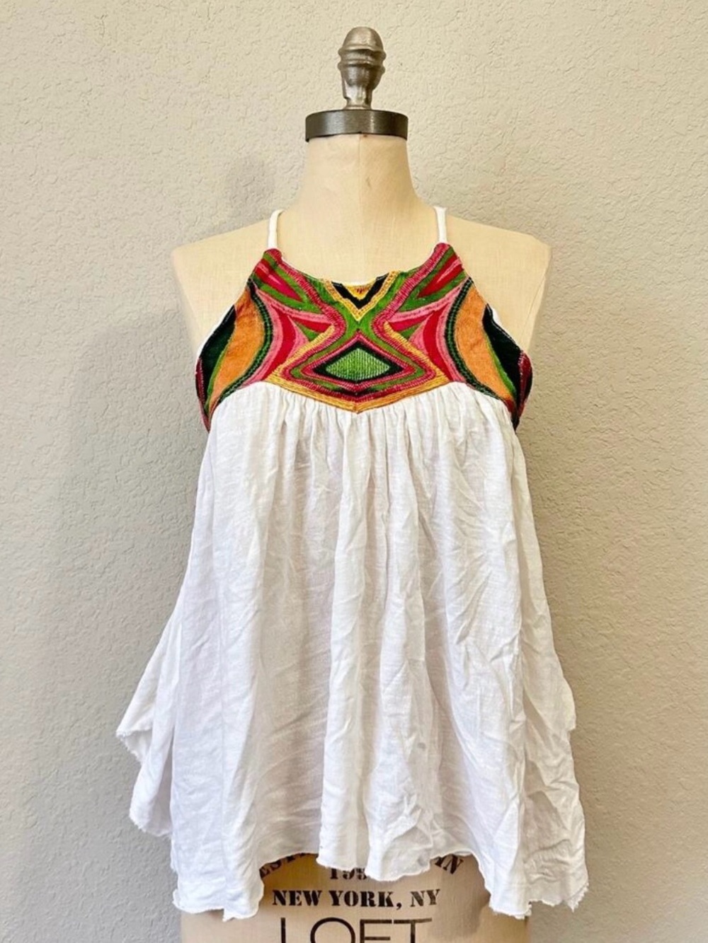 FREE PEOPLE Beach Date Tank Top White Embroidered Cross Back Straps
